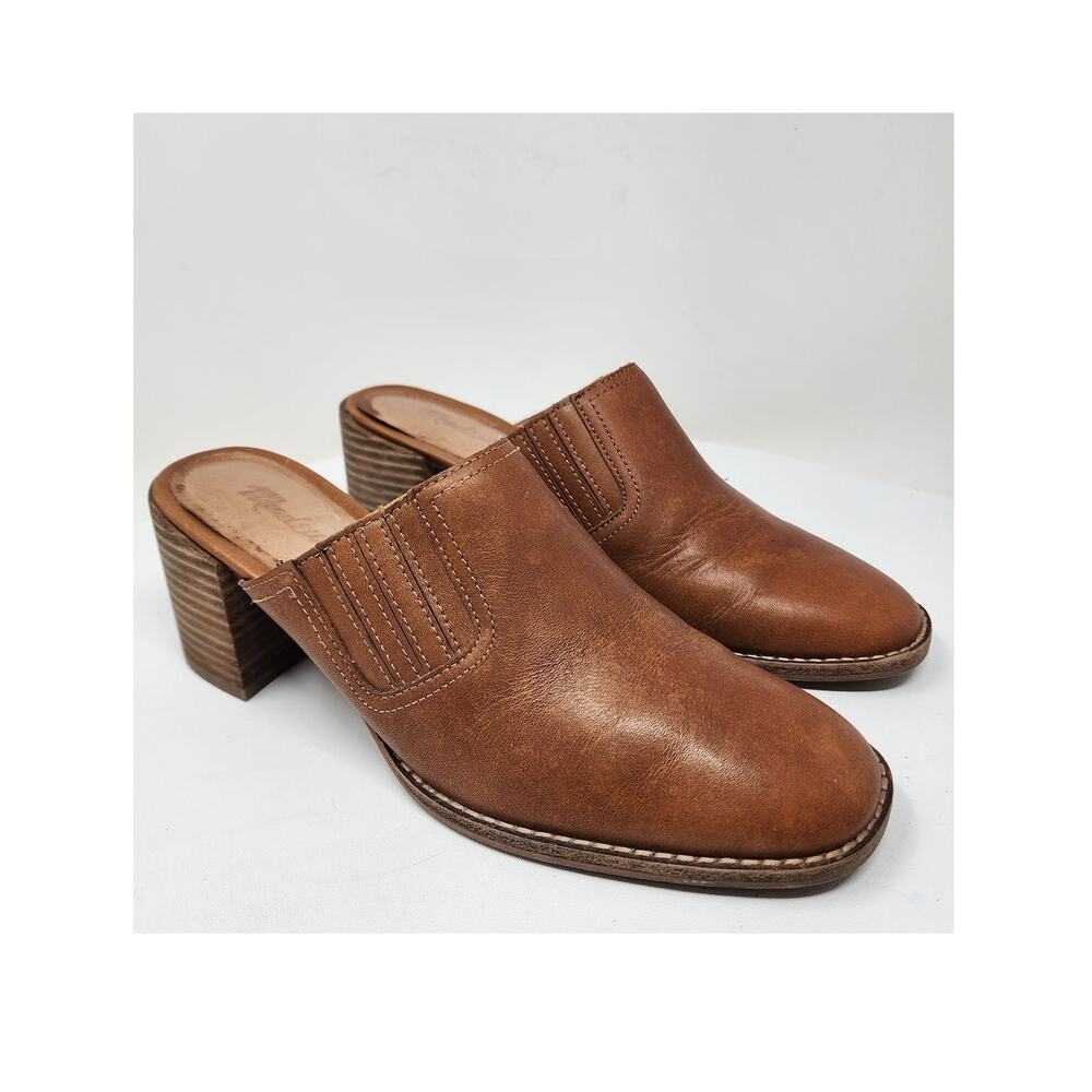 Madewell Carey Mules Women 6 Cognac Brown Leather Slip On Stacked Heel AH759